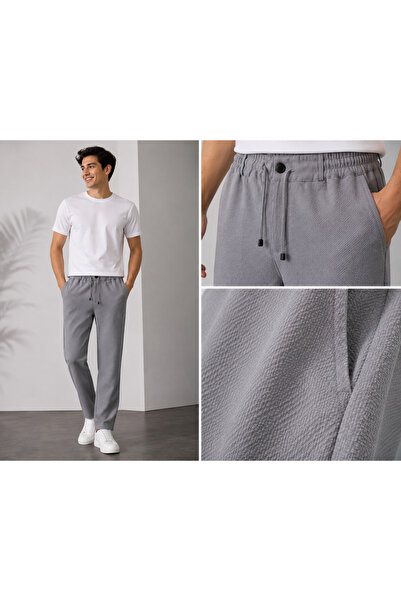 Erkek Gri Jogger Pantolon | Dokulu Kumaş, Beli Lastikli Bağcıklı Rahat Kesim Günlük Pantolon