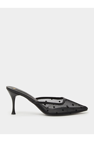 Styli Black Polka Dot Pointed Toe Mesh High Heel Mules