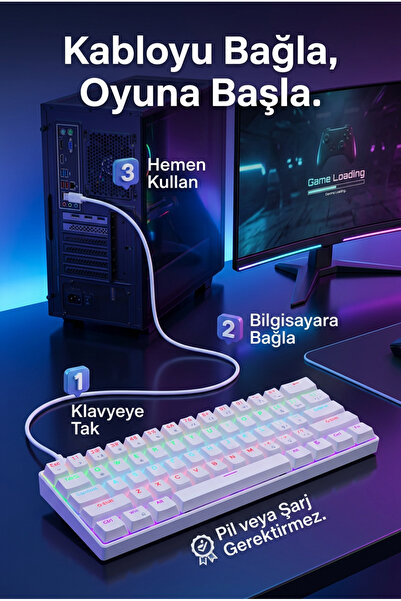 omitech 62 Tuş Mekanik Gaming Klavye 12 Mod RGB Aydınlatmalı Türkçe Q Kablolu Kompakt Beyaz