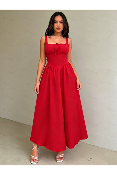 Styli Red Tie Front A-Line Midi Dress