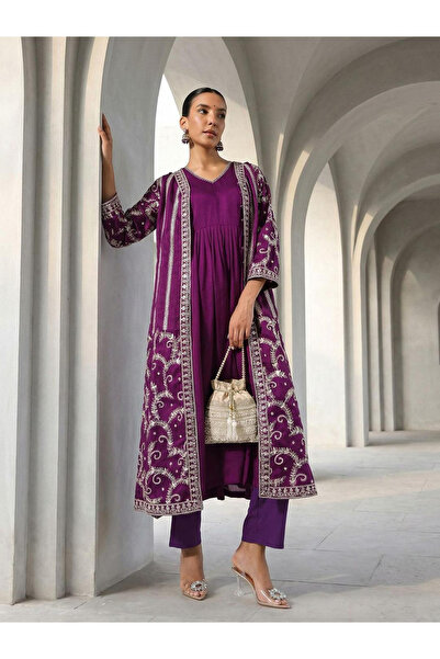 Ishin By Styli 3-Piece Rich Embroidered Dress, Shrug and Pants Set
