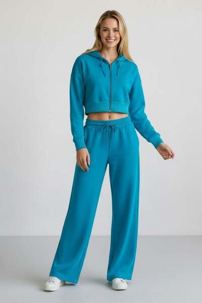 Piyera Women's Turquoise Two-Thread Relaxed Fit Hooded Zipper Crop Wide Leg S...