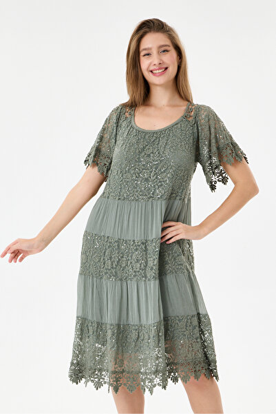 della moor Khaki Italian Sequin Embroidered Lace Lined Silk Dress 38 - 44 Sizes