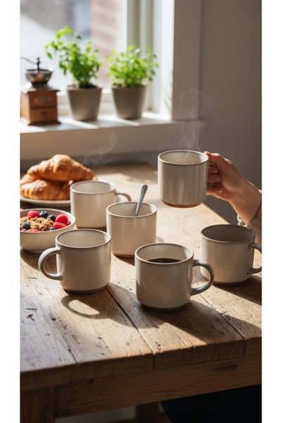 NO BRAND SET CĂNI CEAȘTE DE CAFEA ȘI CEAI 6 BUCĂȚI BEJ GRI 350 ML Ø 9.5 CM