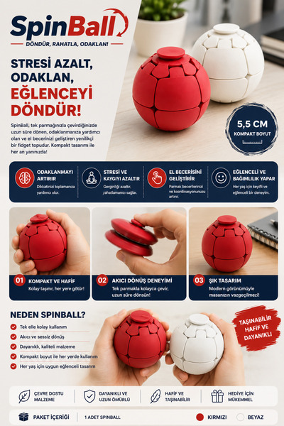 SürLaz SpinBall 2'li Kırmızı-Beyaz Stres Topu Stres Çarkı – El Egzersiz Topu,...