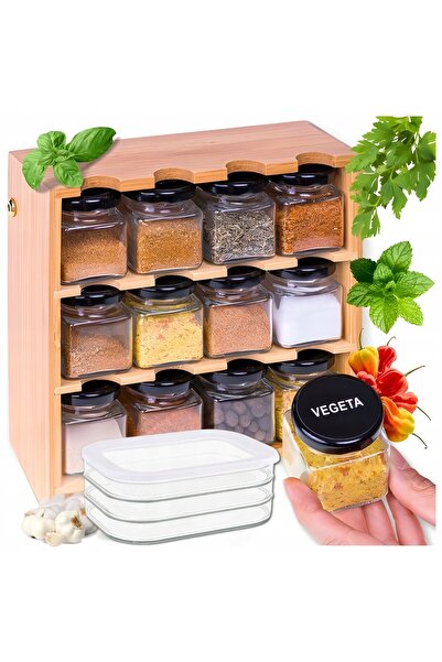NO BRAND Recipiente pentru condimente din sticlă și suport din lemn cu etiche...