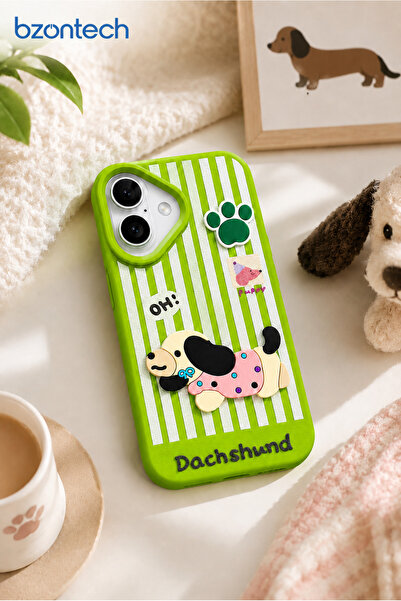 bzontech iPhone 17 Compatible 3D Dog Figure Striped Silicone Phone Case Dachshund