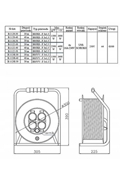 PAWBOL Cablu prelungitor retractabil pe tambur 3x1,5mm termic 4x 230V cauciuc...