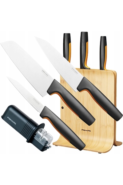 FiSKARS SET COMPUS DIN 3 CUȚITE DE BUCĂTĂRIE FF SHARP + ASCUȚITOR