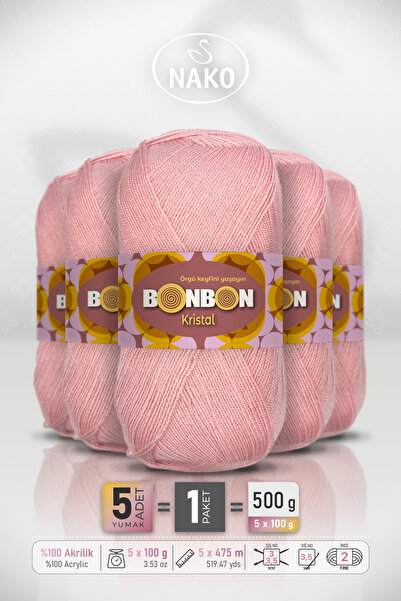 BONBON Kristal - Powder Pink (98418) - 5-Pack X 100Gr/475M - Fine Yarn Hand K...