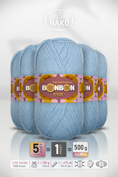 BONBON Kristal - Baby Blue (98231) - 5-Pack X 100Gr/475M - Fine Yarn Hand Kni...