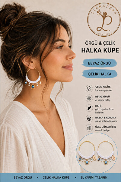Librapera Concept Beyaz Örgü Detaylı Nazar Boncuklu Çelik Halka Küpe