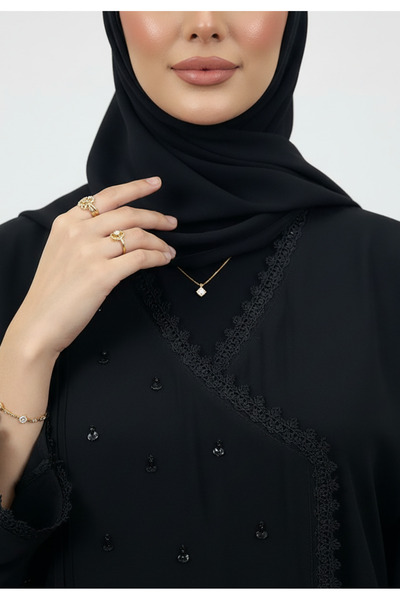 Nukhbaa Fatima Wrap-Style Scattered Bead Abaya | Nida Fabric