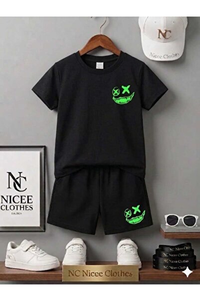 Leto Lykia Summer Children's T-Shirt Shorts Unisex (Green Sulet Printed)
