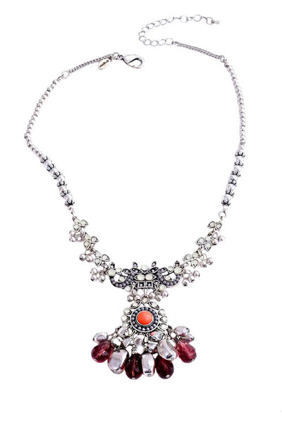 VeeShop Set colier si cercei statement, medalion floral cu cristale si margel...