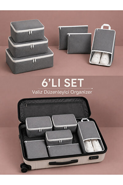 Melisa tekstil Valiz Düzenleyici Organizer 6'lı Set Bavul İçi Düzenleyici Gri