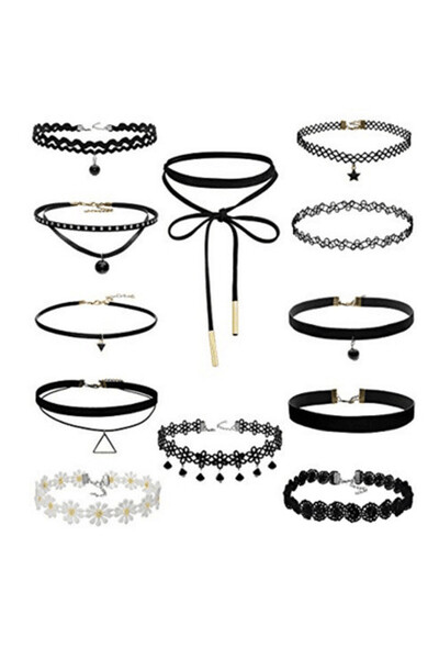 VeeShop Set 12 coliere choker, catifea, dantela, tattoo choker, cu flori albe