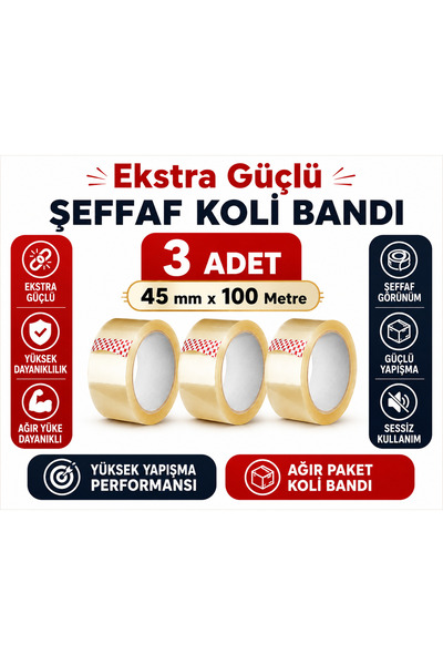 Ekstra Güçlü Şeffaf Koli Bandı 45 mm x 100 Metre – Yüksek Yapışma Performansı / Ağır Paket Koli Bandı 3 Adet