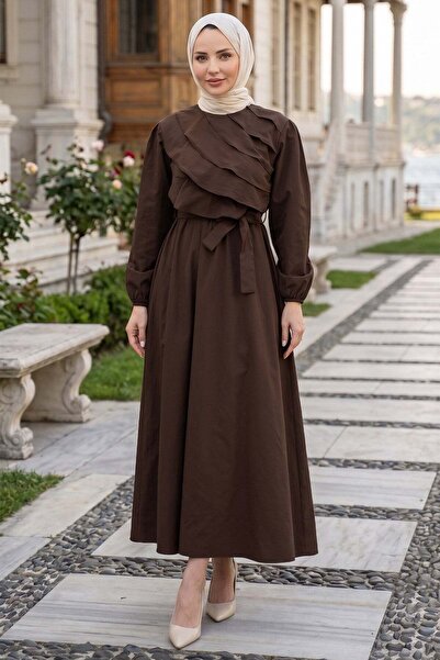 hafsamina Layered Detailed Elastic Waist Belted Dress Brown Hm2947