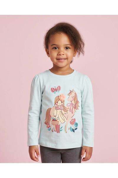 REDTAG Girls Light Blue Unicorn Graphic Long Sleeve T-Shirt