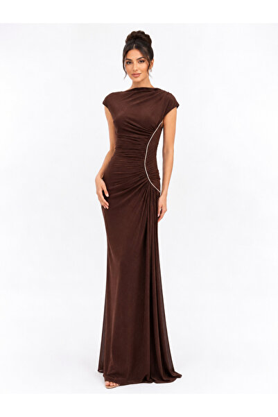 Opera Fashion Long Evening Dress with Draping and Crystal Details