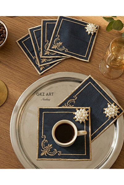 gkzglass home dekor 3 Adet Keten Kumaş Üzeri Nakışlı Kahve Yanı Kokteyl Peçet...