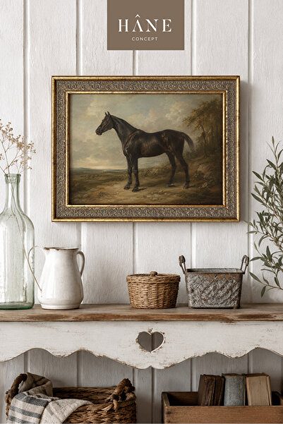 Hane Concept Tablou cu cal negru, decor de perete cu ramă aurie antică