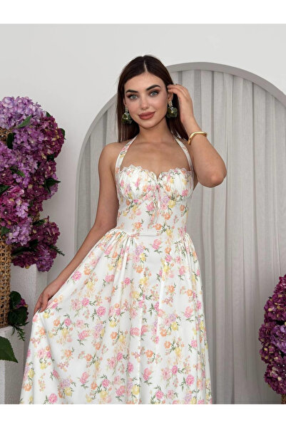 Moda Days Γυναικείο Εκρού Φόρεμα Μίντι με Φλοράλ Σχέδιο, Λαιμόκοψη Halter, Δα...