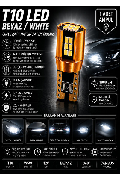 DuoLight T10 W5W LED Beyaz Canbus Ampul 12V 360° Park Plaka Tavan İç Aydınlat...