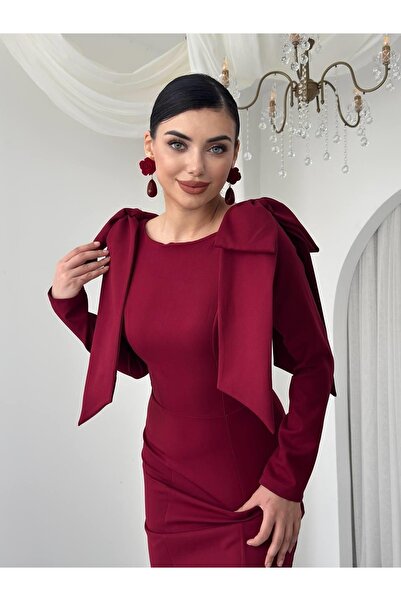 Moda Days Women's Burgundy Midi Dress with Crew Neck, Bow Detail on the Shoul...