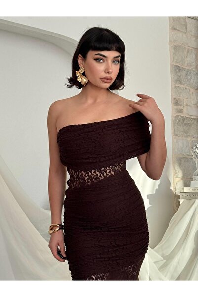 Clothes Fast Rochie midi din dantelă maro, fără bretele, cu detaliu transpare...
