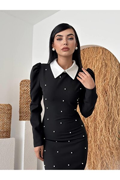 Moda Days Rochie midi de damă, neagră, cu detalii perle, guler contrastant și...
