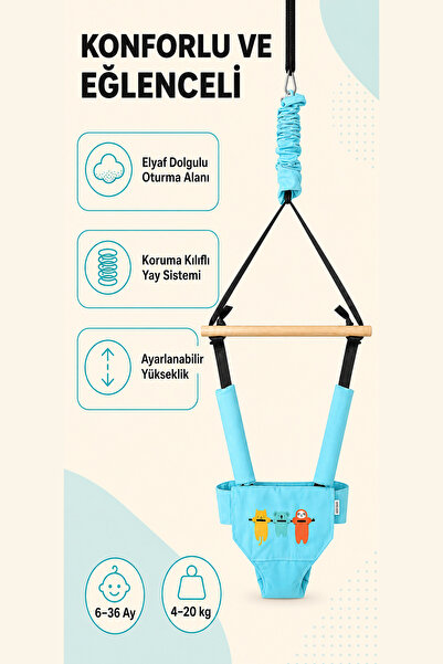 YHH Kids BouncyNest Elyaf Dolgulu Bebek Hoppala – Yumuşak Minderli, Emniyet Kemerli Zıpzıp Turkuaz