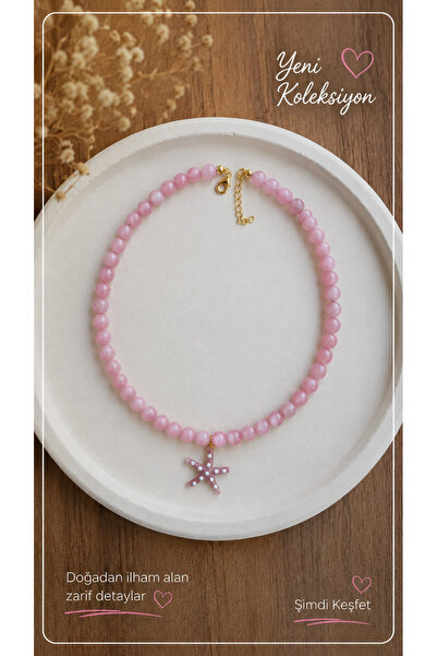 Stoneday Pink Quartz Natural Stone Murano Glass Starfish Pendant Summer Necklace