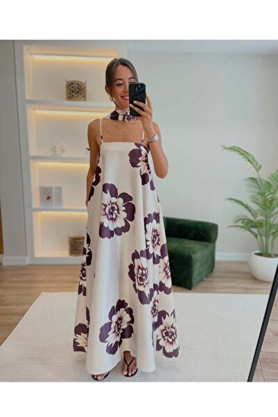 Myrum butik Luino Krem Çiçekli Saten Elbise