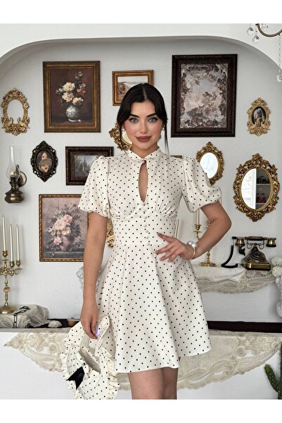 Moda Days Дамска екрю мини рокля на точки с висока яка, изрязано деколте, буф...