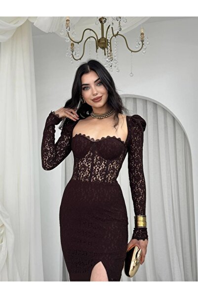 Clothes Fast فستان نسائي بني متوسط الطول مزين بالدانتيل وفتحة جانبية وأكمام ط...