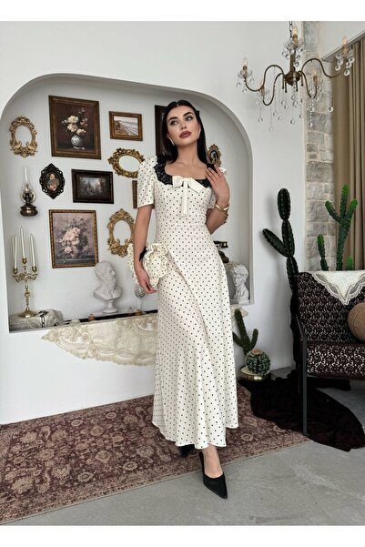 Clothes Fast Дамска екрю рокля на точки с панделка, дантела, квадратно деколт...