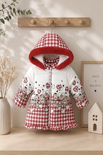 DeKuBaby New Season Bear Printed Ruffle Detailed Furry Hooded Winter Coat wit...