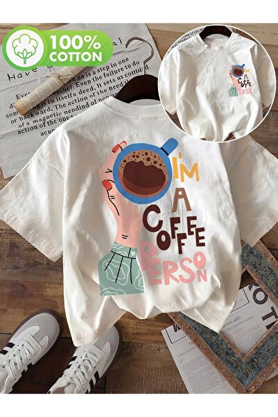 AEMİ Unisex Coffee Printed Oversize Crew Neck T-Shirt