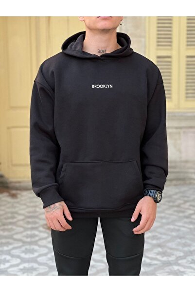 JENOLAN Men's Hooded Black Brooklyn Printed Oversize Sweatshirt