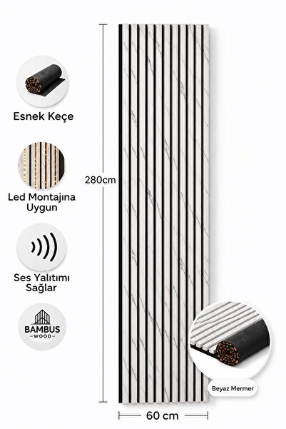 ALPLOG Mdf Ahşap Akustik Duvar ve Tavan Kaplama Paneli 60X280 CM Beyaz Mermer