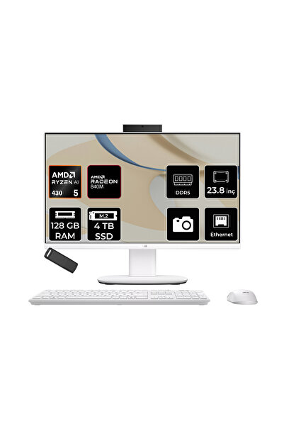ASUS Expertcenter V600 Aio (VM640GA) AMD RYZEN AI 5 430 128GB RAM 4TB SSD AMD Radeon 840M 23.8" Full HD (1920x1080) FreeDOS VM640GA-WPC030WP359 Beyaz All In One Bilgisayar + Per4 USB Bellek