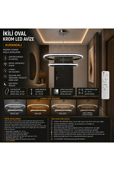 Genel Markalar İkili Oval Krom LED Avize - 4 Renk Aydınlatma Seçeneği (KUMAND...