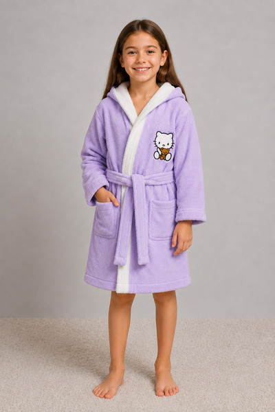 İQON Hooded Children's Bathrobe 100% Cotton – Hello Bby Lilac (7-8 Years Old)