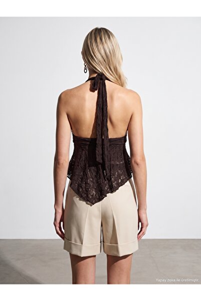 Dilvin 21228 Dantel Halter Yaka Top-Koyu Kahve