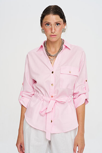 Orfeo Negro Women's Draped Solid Color Shirt with Drawstring Waist and Foldab...
