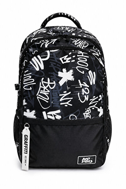 MYWAYY Ghiozdan Școlar Premium Grafitti Negru cu Compartiment pentru Laptop ș...