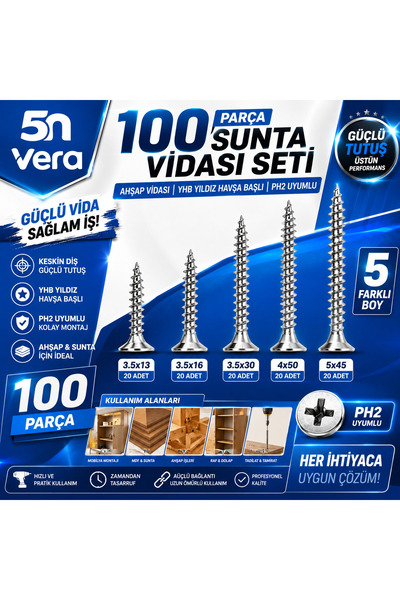 5NVERA 5N VERA 100 Parça Sunta Vidası Seti | Ahşap Vidası | YHB Yıldız Havşa ...