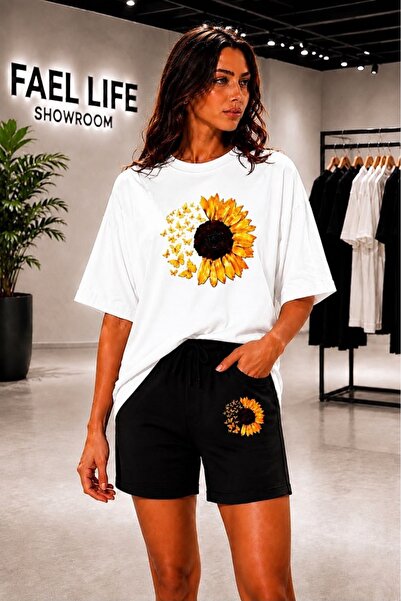FAEL LİFE Unisex Wide-Fit T-Shirt and Shorts Set with Sunflower Print